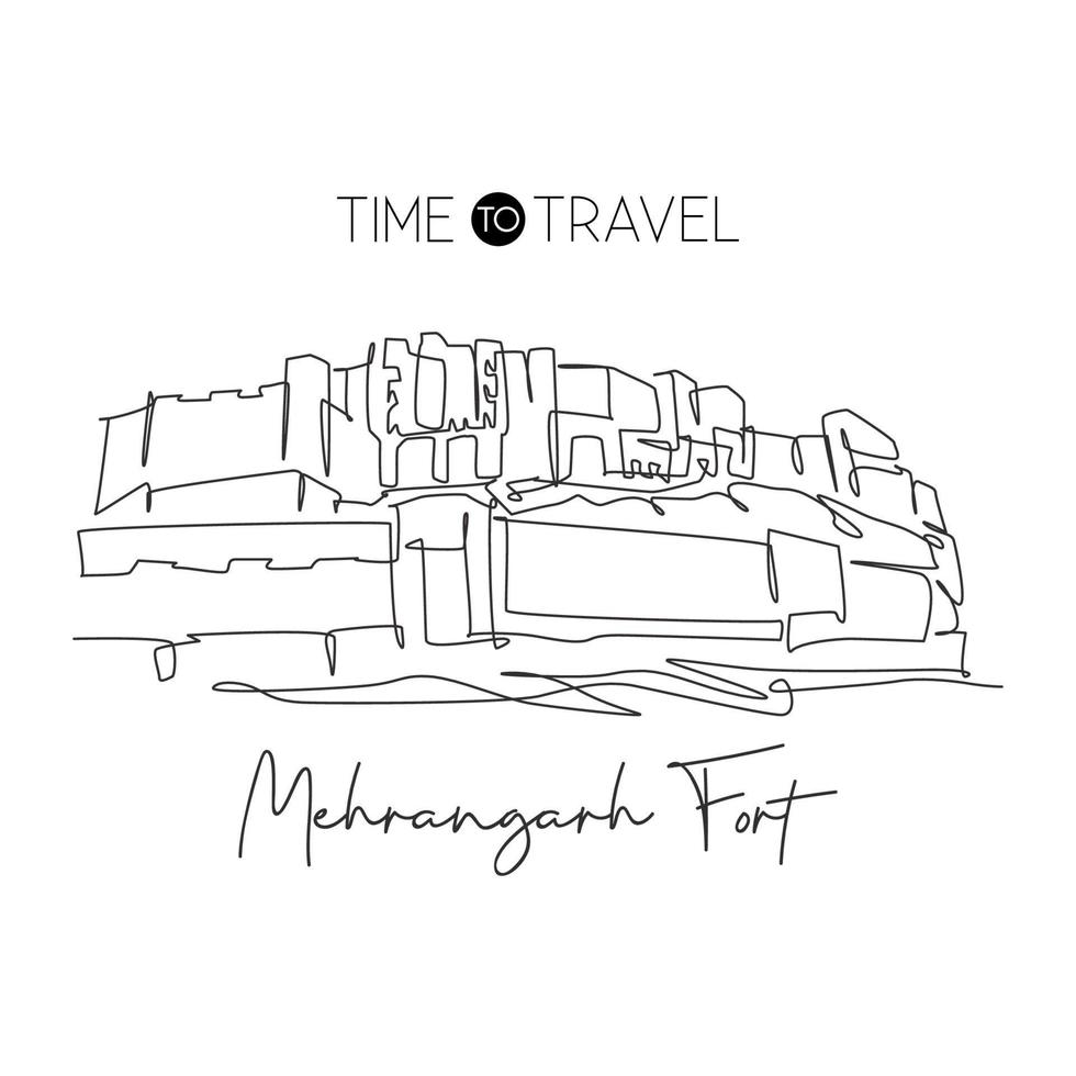 une seule ligne dessinant le point de repère du fort de mehrangarh. célèbre lieu historique de jodhpur en inde. concept de carte postale d'affiche de décor de mur de maison de voyage de tourisme. illustration vectorielle de dessin de ligne continue moderne vecteur