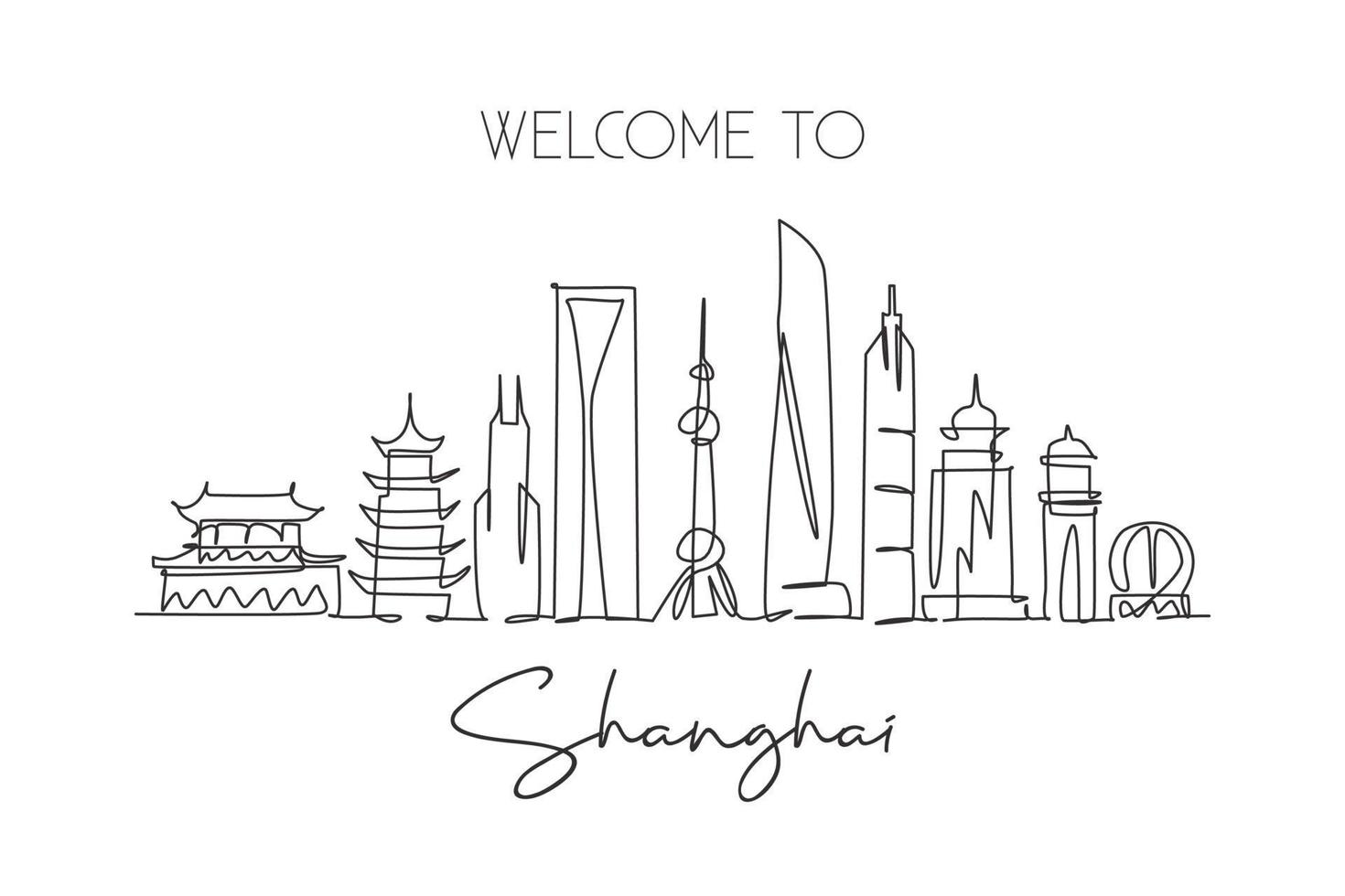 dessin en ligne continue unique des toits de la ville de shanghai en chine. Grattoir de ville célèbre et affiche d'art de décor de mur de maison de paysage. concept de voyage mondial. illustration vectorielle de dessin à une ligne moderne vecteur