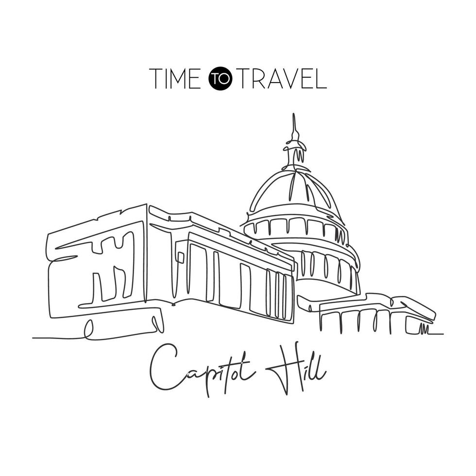 simple ligne continue dessinant le point de repère de la colline du Capitole. lieu célèbre emblématique de washington dc, états-unis. concept d'impression d'affiche d'art de décor de mur de maison de voyage du monde. illustration vectorielle de dessin à une ligne moderne vecteur