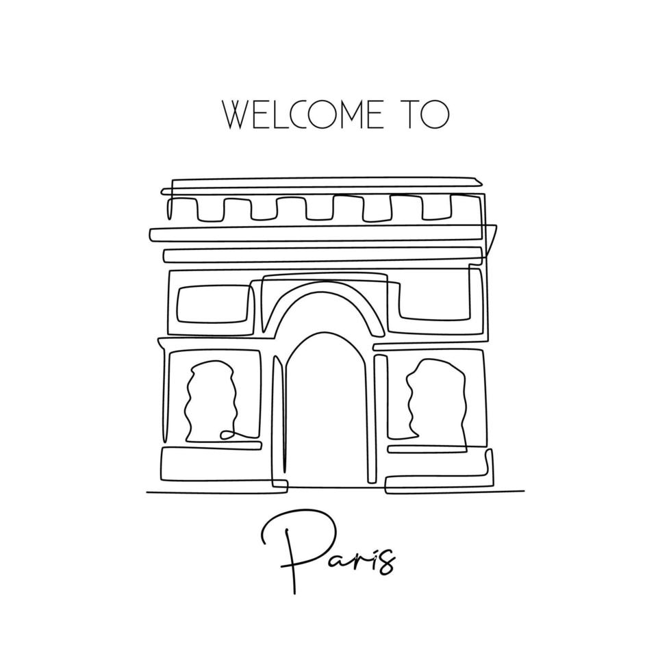 un dessin au trait continu de l'arc de triomphe. lieu emblématique historique à paris, france. concept d'art d'impression d'affiche de décor de mur de vacances de vacances. illustration vectorielle de dessin à une seule ligne moderne vecteur