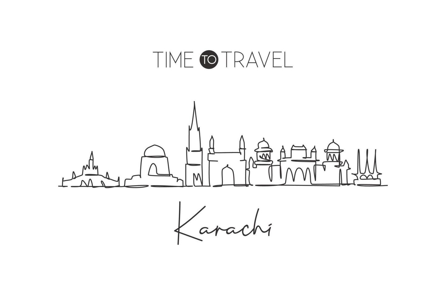 une seule ligne continue dessinant les toits de la ville de karachi, pakistan. Grattoir de ville célèbre et affiche de décor de mur de maison de paysage art d'impression. concept de voyage mondial. illustration vectorielle de dessin à une ligne moderne vecteur