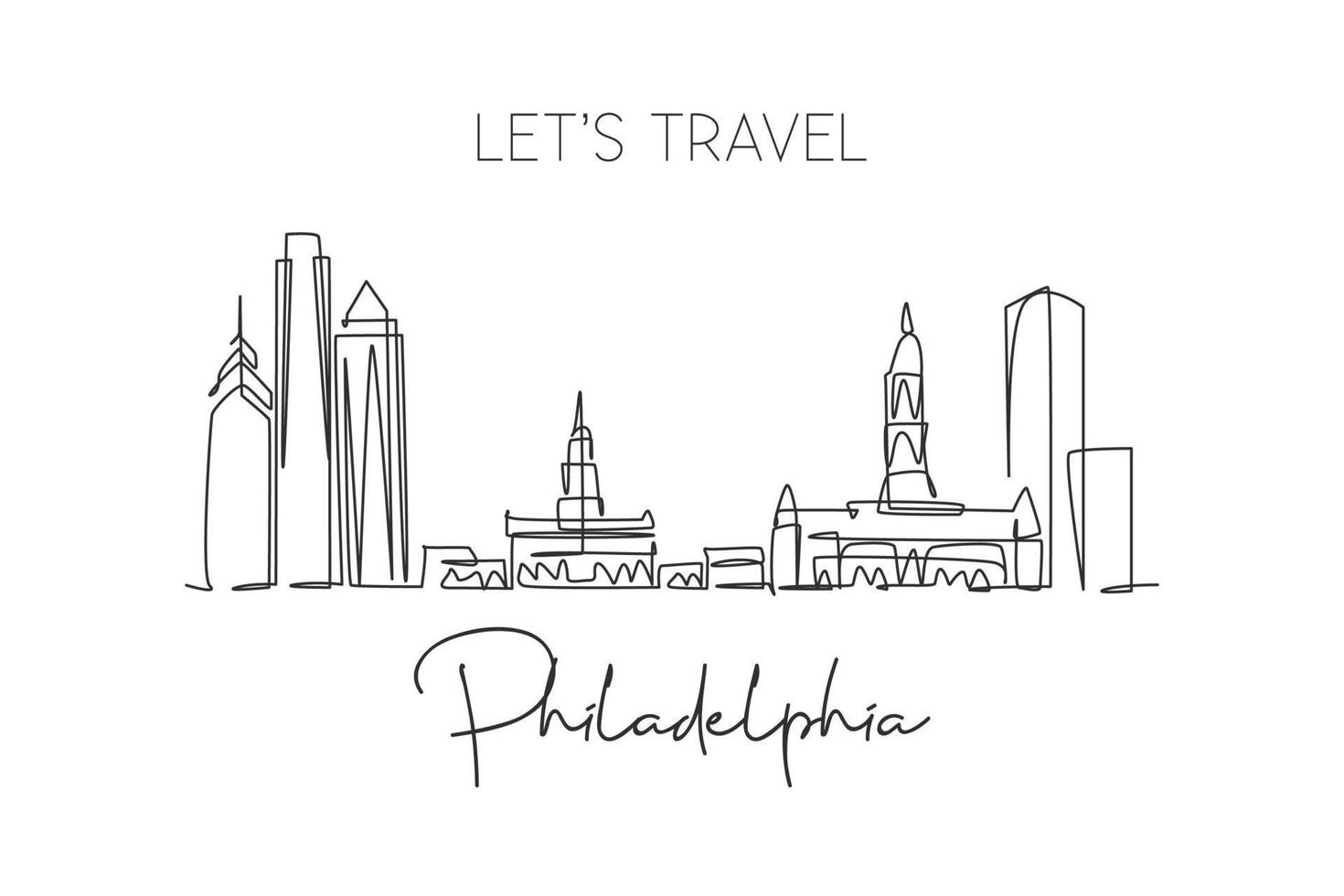 dessin en ligne continue unique de l'horizon de la ville de philadelphie, états-unis d'amérique. paysage célèbre. art d'impression d'affiche de voyage dans le monde. trait modifiable illustration vectorielle de conception de dessin à une ligne moderne vecteur