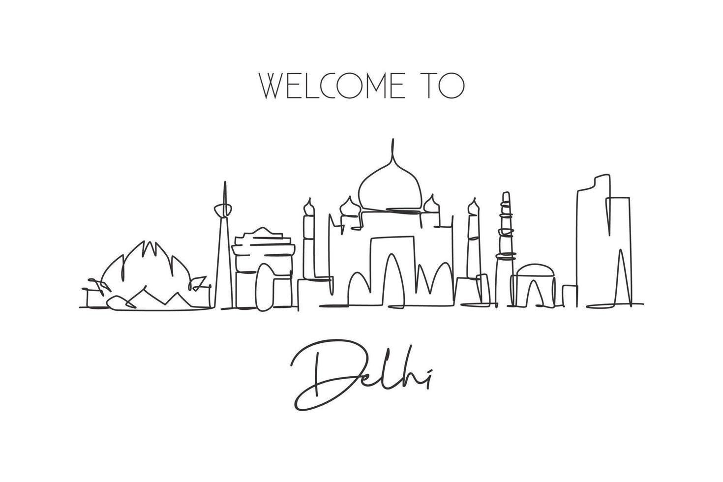 un seul dessin au trait de l'horizon de la ville de delhi, en inde. paysage de ville historique dans le monde. meilleure destination de vacances. trait modifiable ligne continue à la mode dessiner illustration graphique vectorielle vecteur