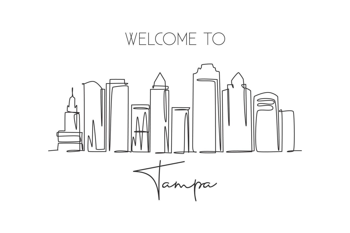 dessin en ligne continue unique de l'horizon de la ville de tampa, états-unis. célèbre grattoir et paysage de la ville. monde voyage concept maison décoration murale affiche impression art. illustration vectorielle de dessin à une ligne moderne vecteur