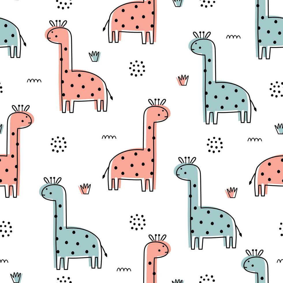 bébé girafe rose et bleu modèle sans couture dessin animé mignon fond dessiné à la main pour les enfants vecteur