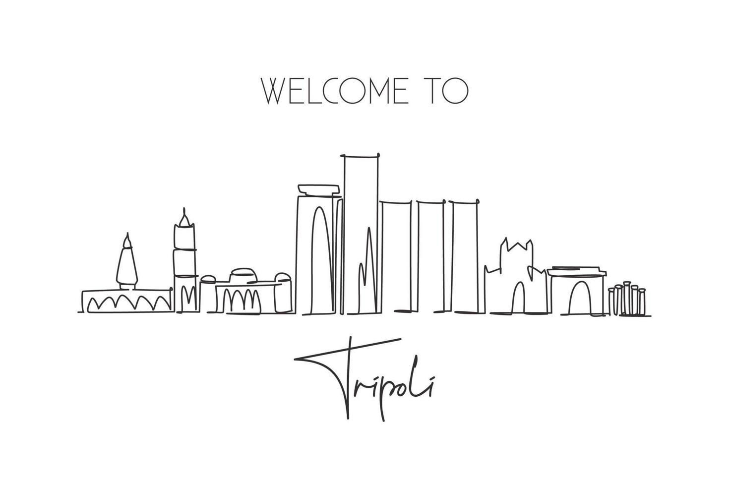 un dessin en ligne continu des toits de la ville de tripoli, libye. beau point de repère de la ville. tourisme de paysage mondial et vacances de voyage. illustration vectorielle de conception de dessin de ligne unique de trait élégant modifiable vecteur