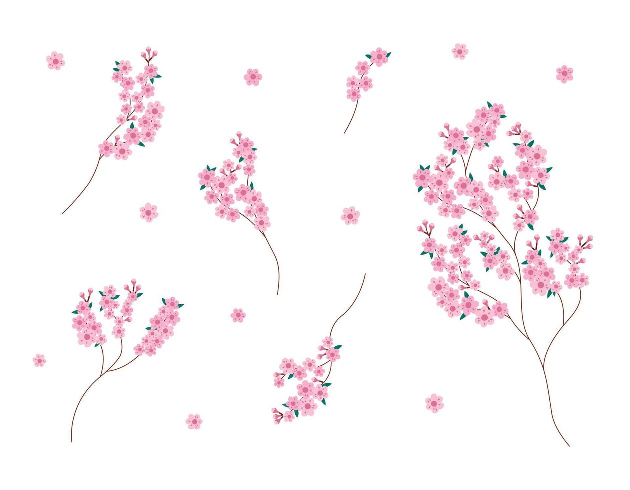 ensemble isolé de branches de fleurs de sakura. collection vectorielle de fleurs de sakura en fleurs. concevoir des éléments floraux sur fond blanc vecteur