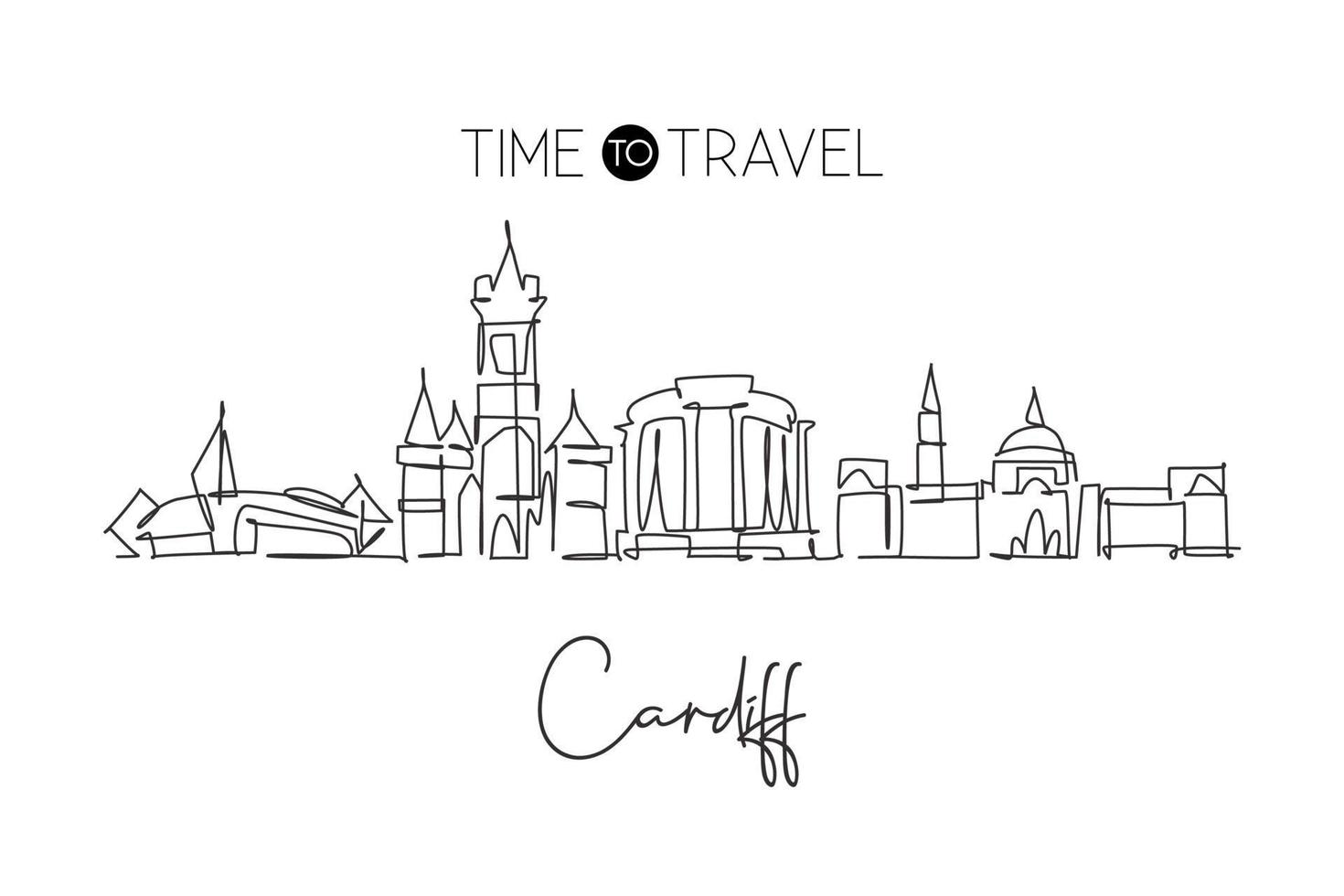 un seul dessin au trait des toits de la ville de cardiff, au pays de galles. paysage de ville historique dans le monde. meilleure affiche de destination de vacances. trait modifiable ligne continue à la mode dessin illustration vectorielle de conception vecteur