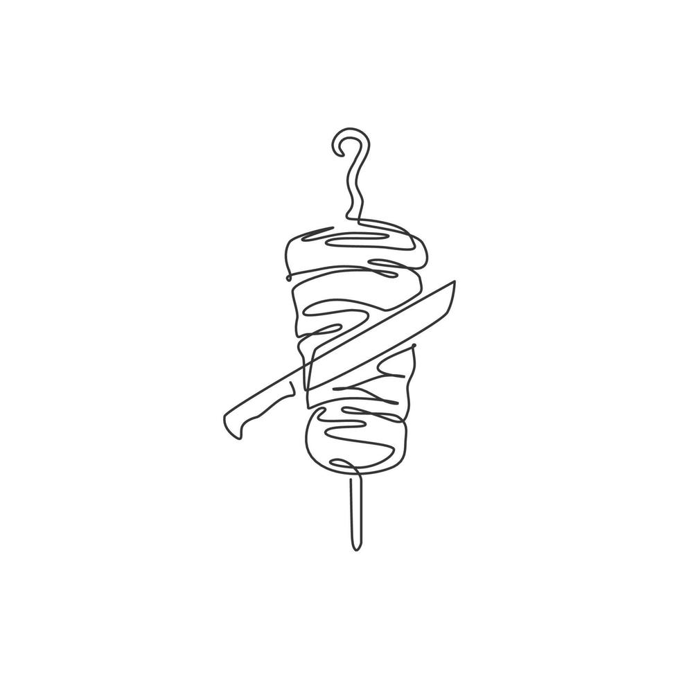 un seul dessin au trait d'illustration vectorielle de logo de magasin de kebab turc épicé frais et chaud. menu de café de nourriture shawarma et concept de badge de restaurant. logotype de nourriture de rue de conception de ligne continue moderne vecteur