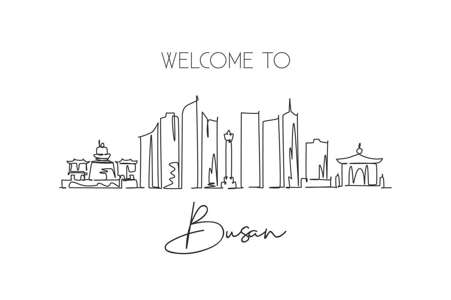 une seule ligne dessinant les toits de la ville de busan, corée du sud. monde ville paysage décor à la maison affiche impression art mural. meilleure destination de vacances. illustration vectorielle de dessin à la ligne continue à la mode vecteur