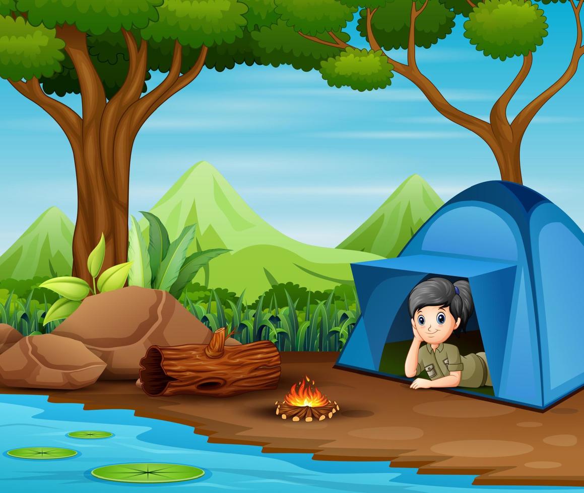 scout girl in blue tent et voir la vue autour de lui vecteur