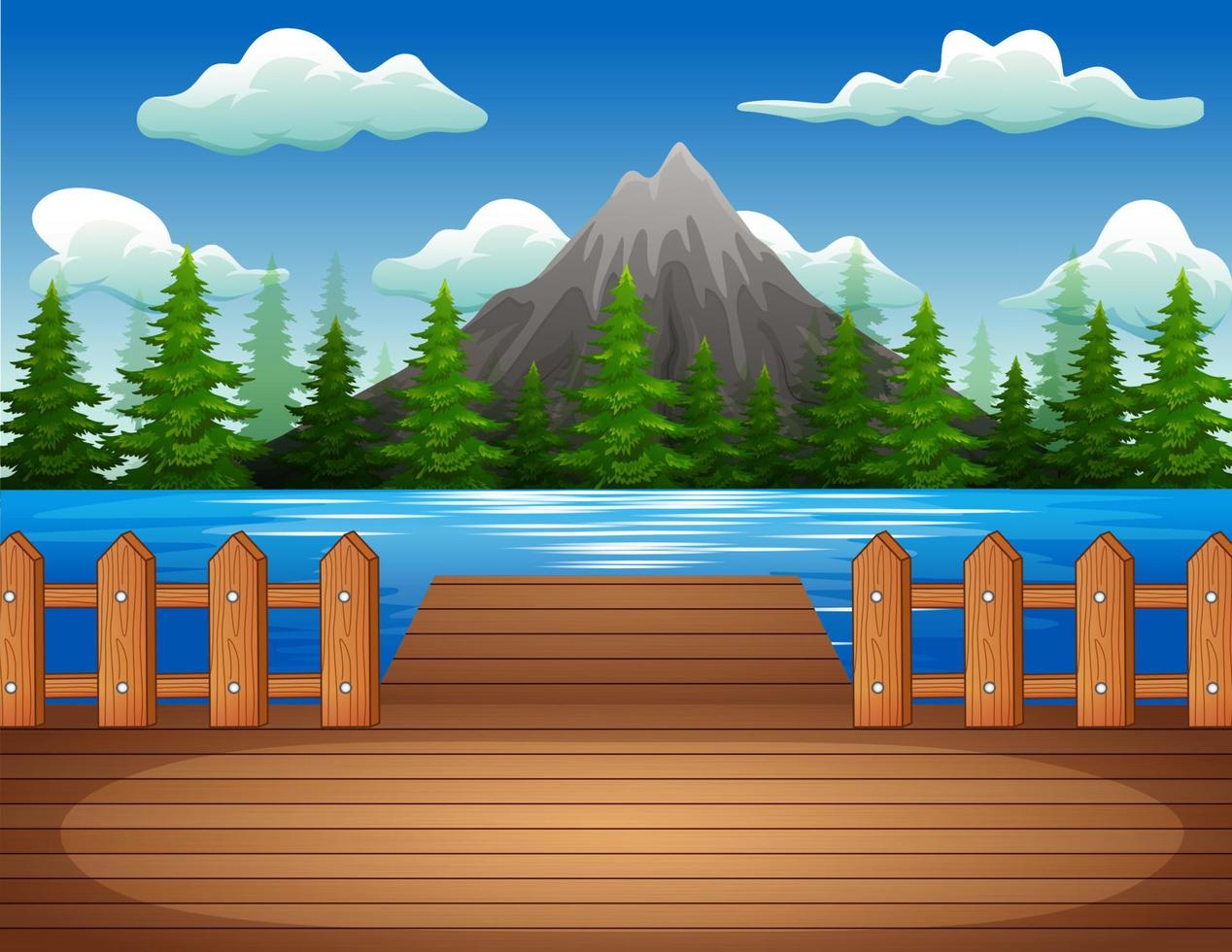jetée en bois surplombant le lac et la montagne vecteur