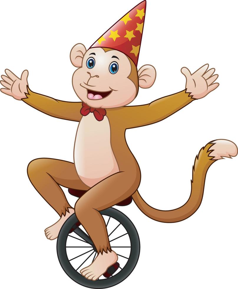 caricature de singe de cirque chevauchant un monocycle avec le sourire vecteur