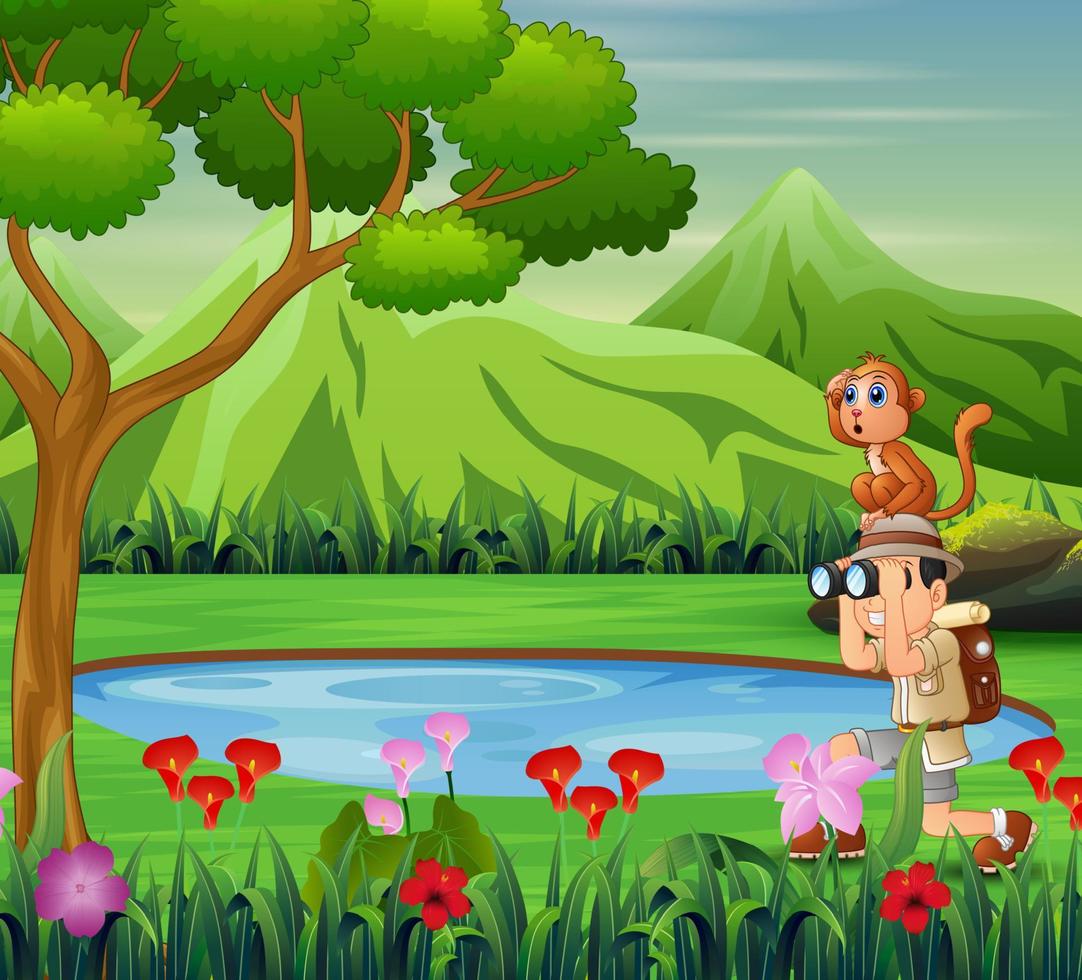 garçon utilisant des jumelles avec un singe près du petit étang vecteur