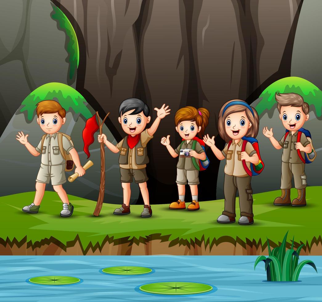 groupe de jeunes filles et garçons scouts dans la nature vecteur