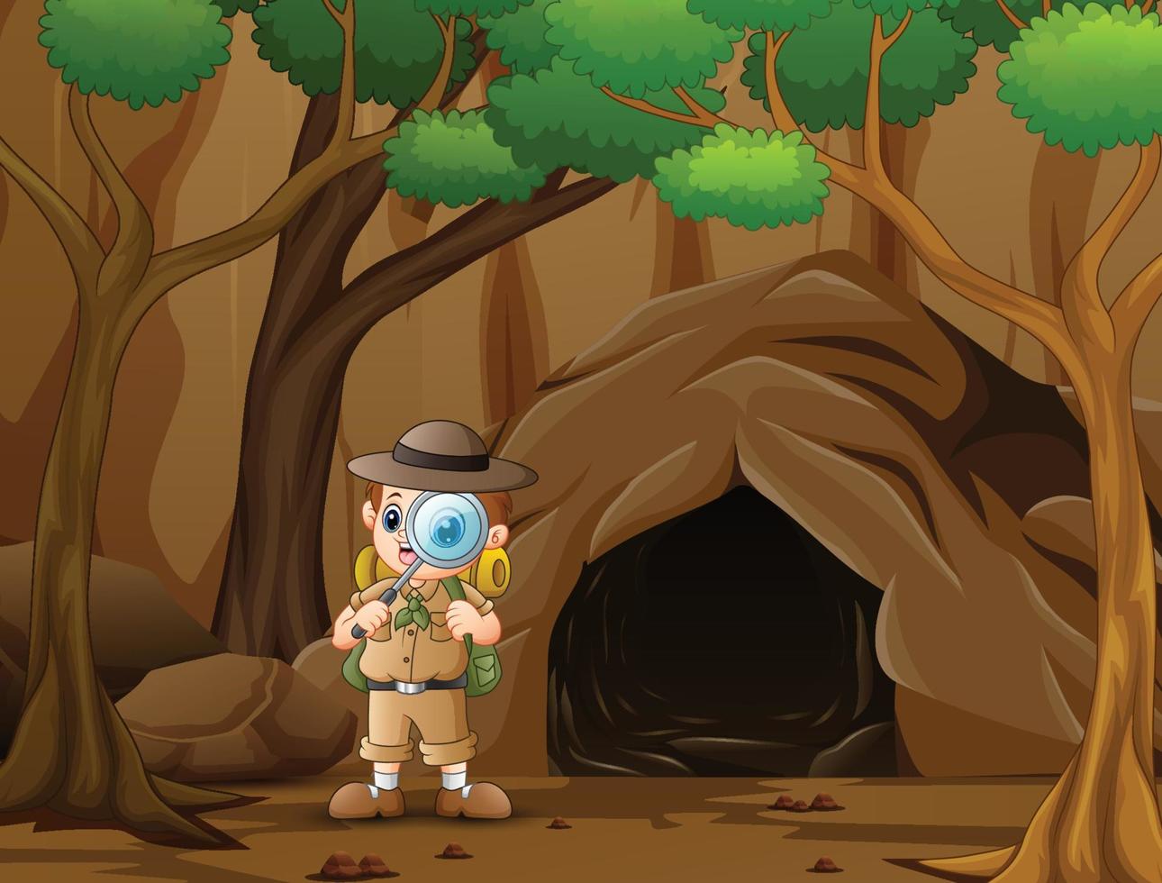 garçon explorateur debout près de la grotte vecteur