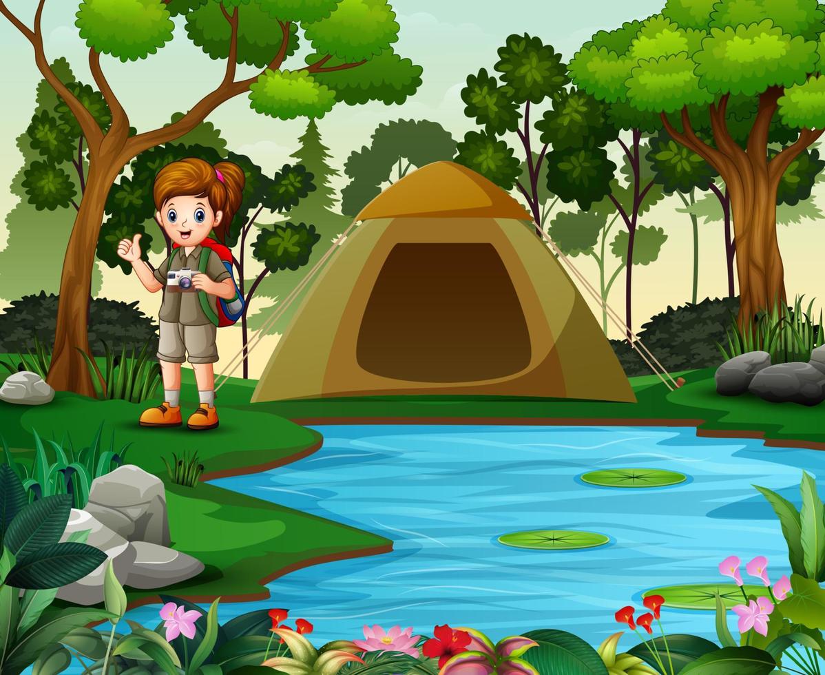 fille exploratrice avec uniforme de scout camping dans la nature vecteur