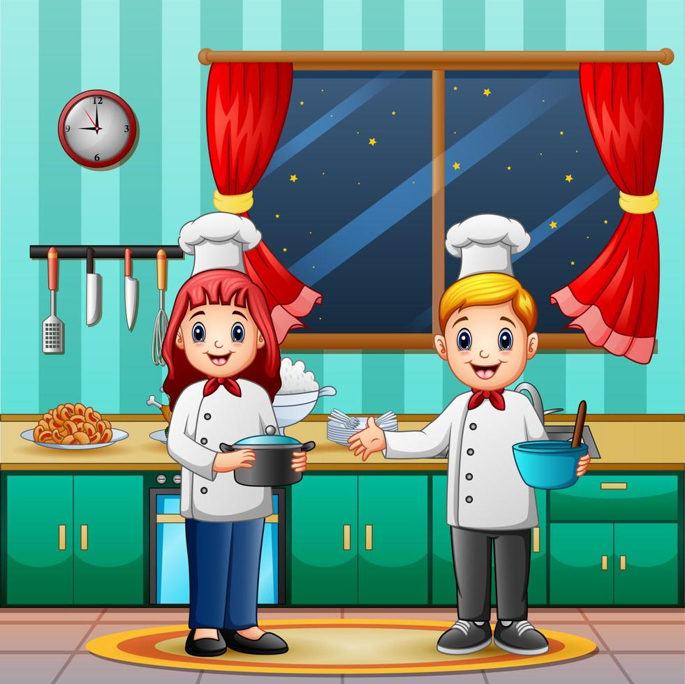 chef homme et femme dans la cuisine vecteur