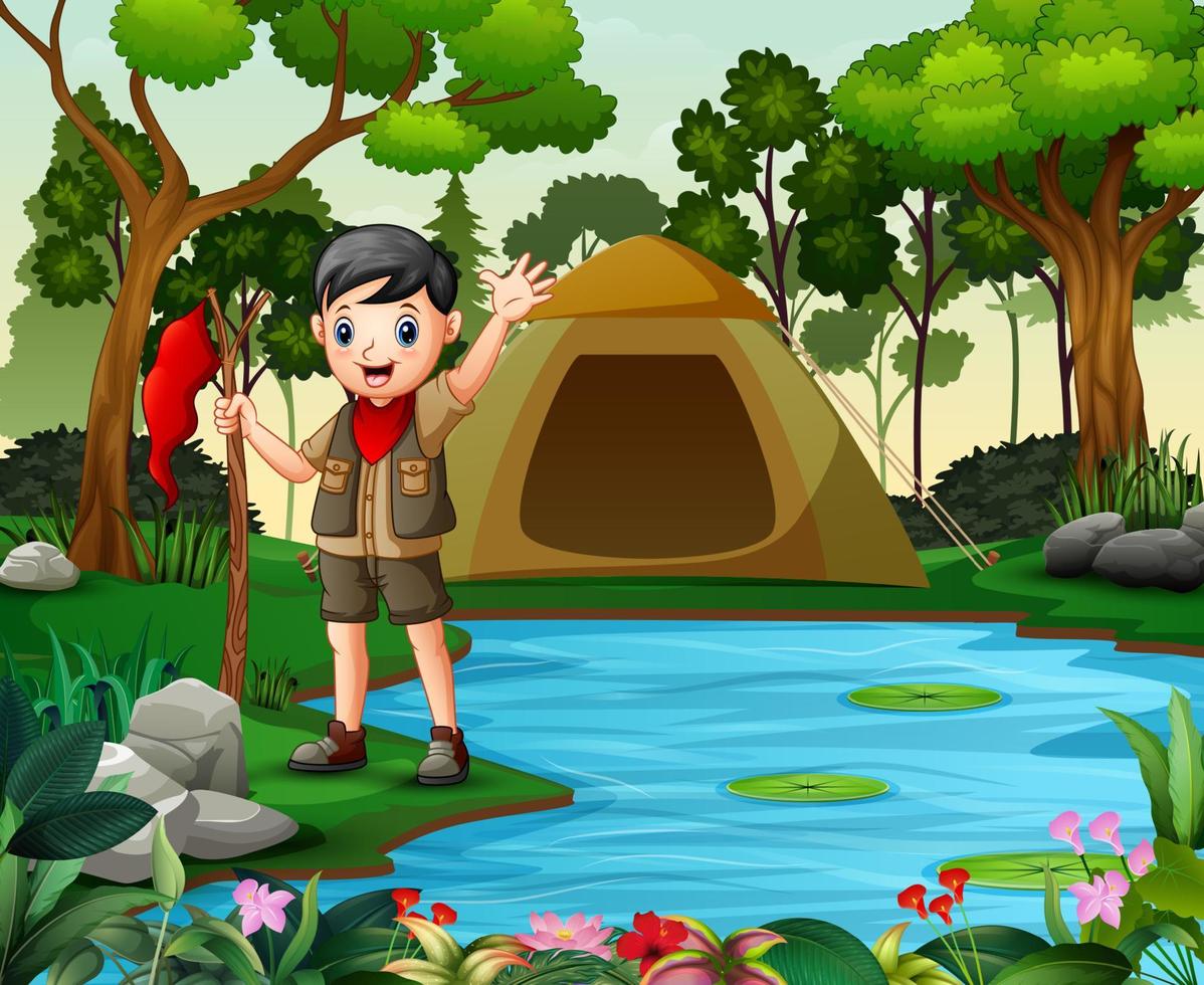 heureux garçon scout camping dans la nature vecteur
