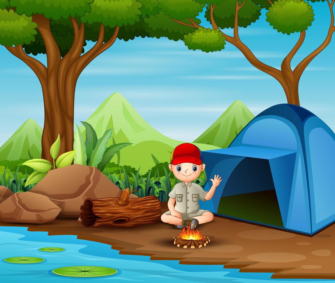 scout assis au camping vecteur