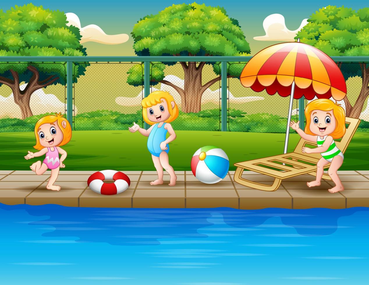 filles heureuses de dessin animé jouant dans la piscine vecteur