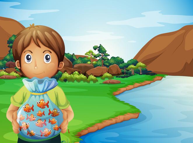 Un jeune garçon au bord de la rivière tenant un plastique plein de poissons vecteur