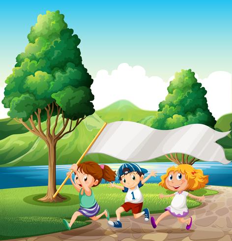 Enfants qui courent près de la berge tout en apportant une bannière vide vecteur