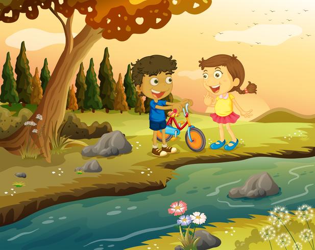 Un garçon et une fille avec un vélo debout au bord de la rivière vecteur