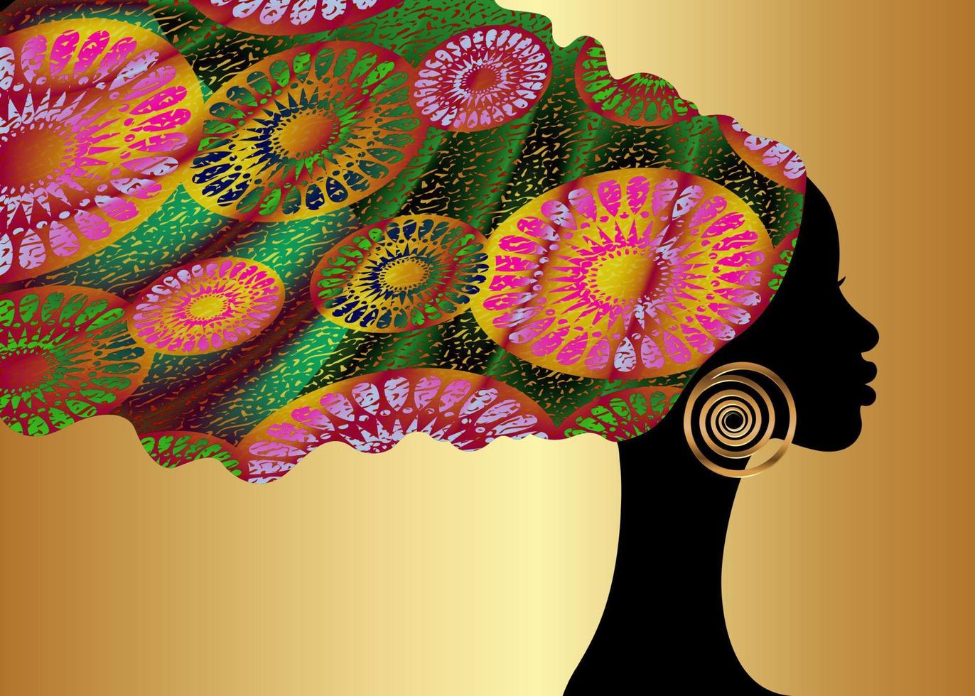 enveloppement de tête de turban coloré d'impression africaine, femme de beauté de portrait dans des coiffures afro, robe de cheveux de femmes noires de conception de logo, modèle ethnique d'Afrique de vecteur d'isolement sur le fond d'or
