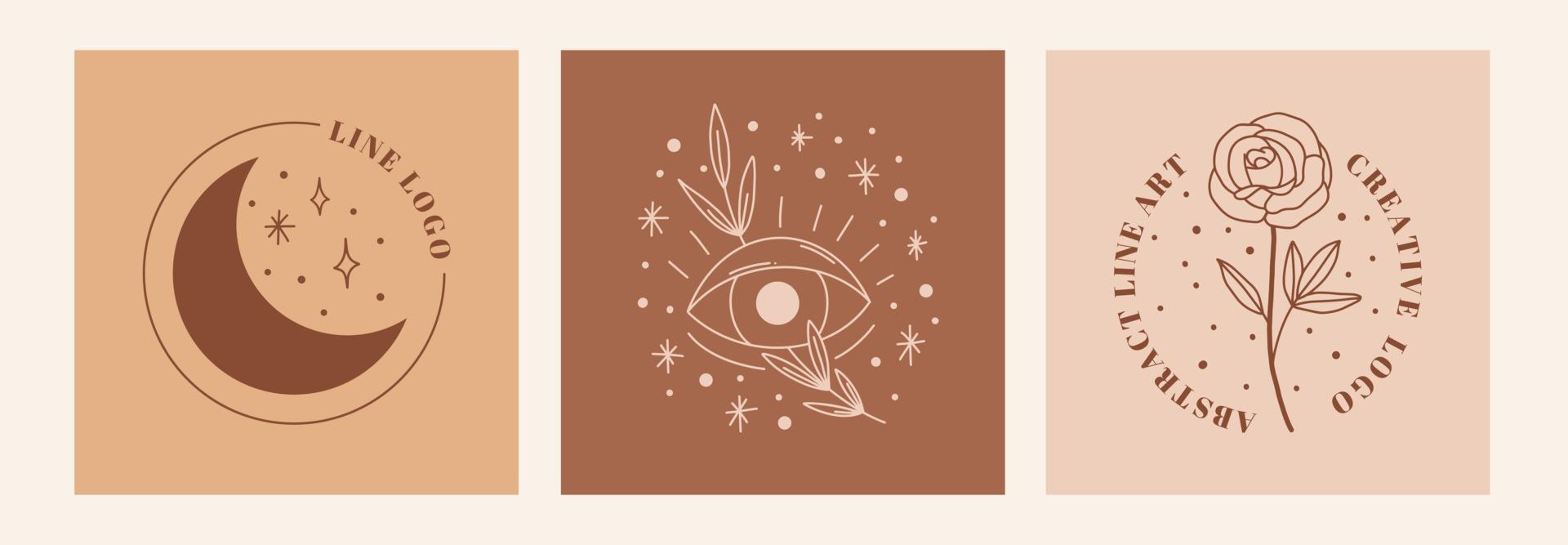 boho mystique doodle ensemble ésotérique. affiche d'art en ligne magique avec lune, rose, oeil. illustration vectorielle moderne bohème vecteur