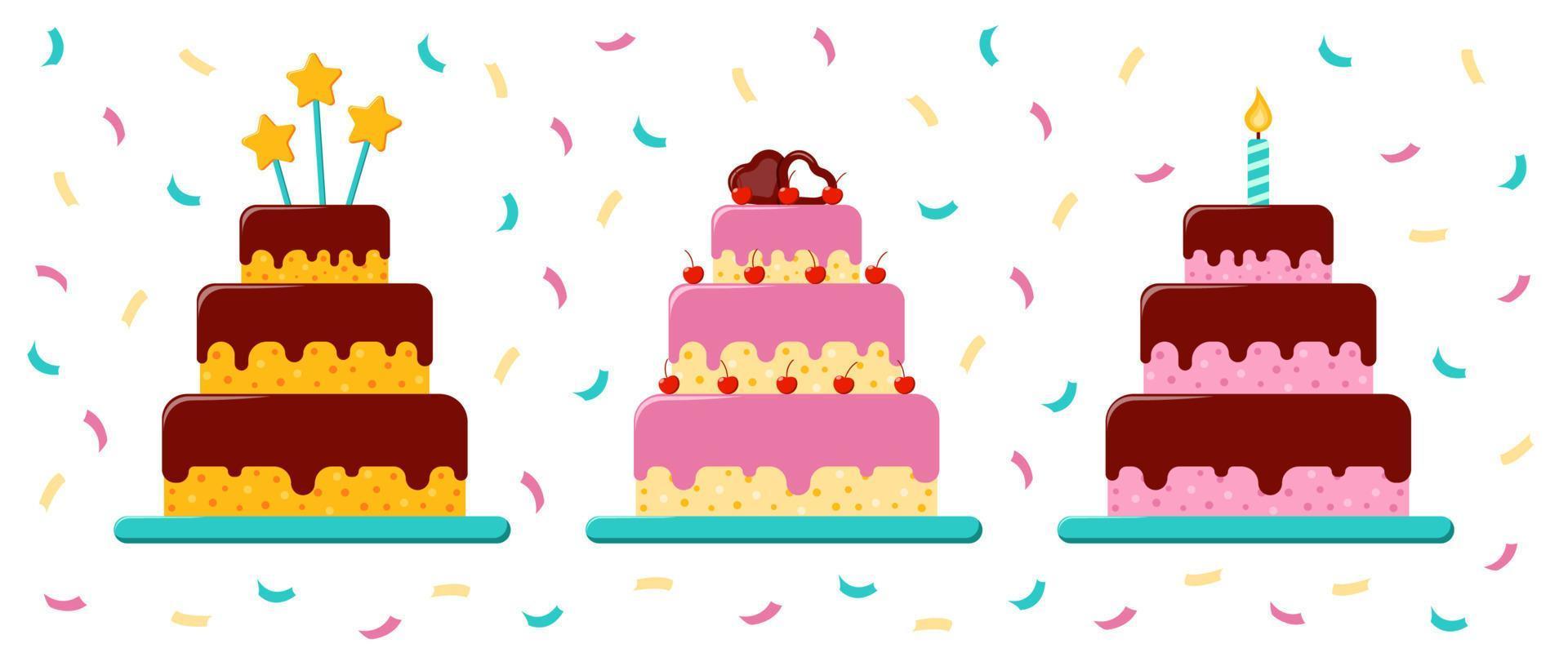 ensemble de gâteaux d'anniversaire de vecteur. trois grands desserts dans un style plat. gâteau à trois étages avec crème au chocolat vecteur