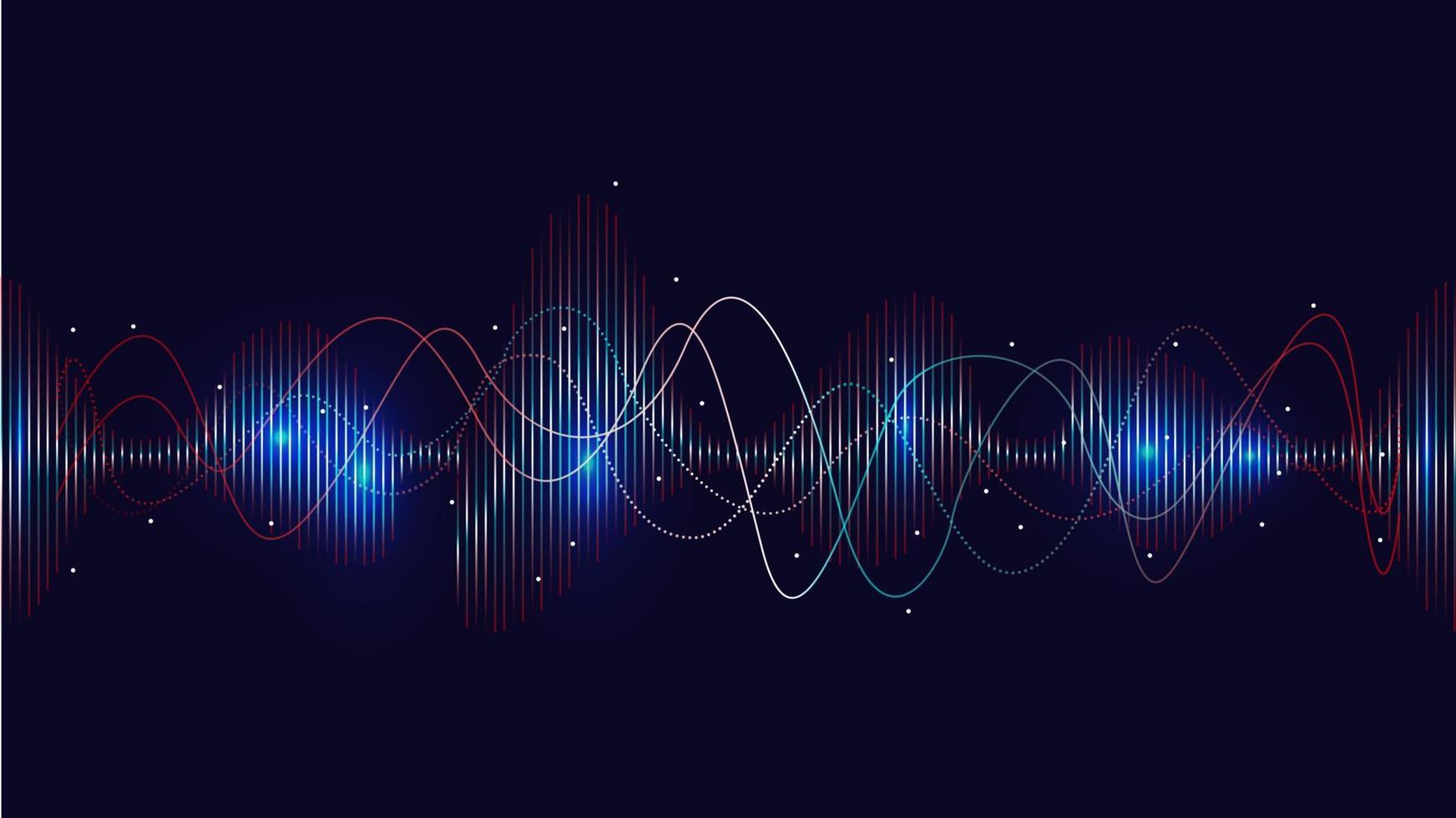 onde sonore rougeoyante avec des lignes de fréquence pointillées et un style d'effets néon. vecteur