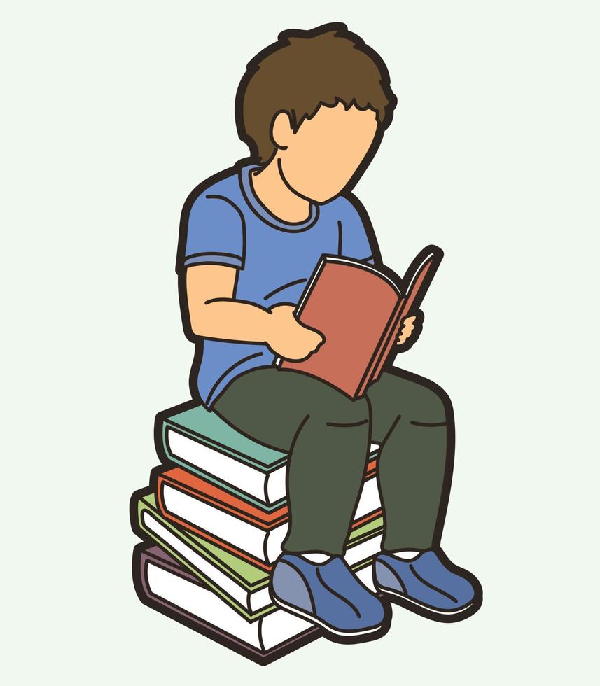 un garçon assis sur une pile de livres et lisant un livre vecteur
