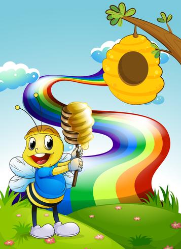 Une abeille au sommet d&#39;une colline avec un arc-en-ciel dans le ciel vecteur
