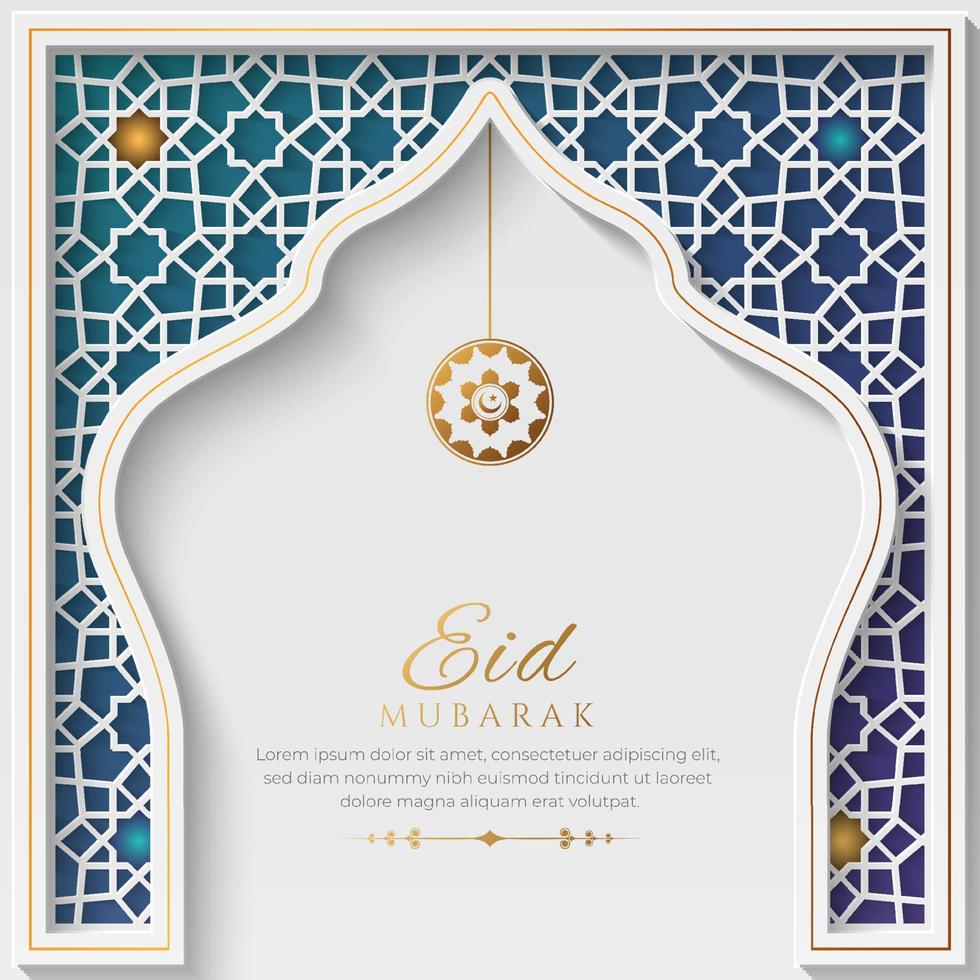 fond islamique de luxe blanc et bleu avec cadre d'ornement décoratif vecteur