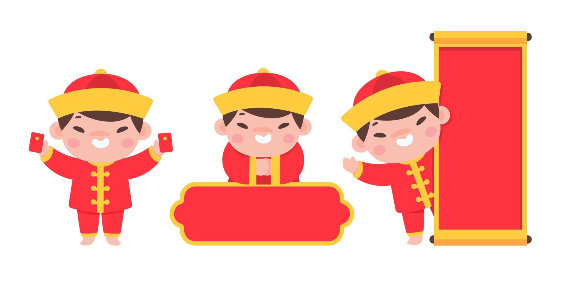 les enfants chinois portant des costumes nationaux rouges célèbrent le nouvel an chinois vecteur