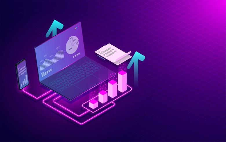 Application et logiciel Analyse des tendances et concept de stratégie financière. Statistiques en ligne et analyse de données sur ordinateur portable et téléphone mobile. illustration vectorielle vecteur