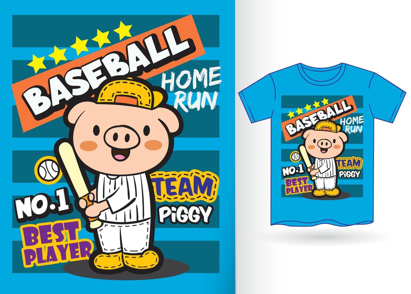 dessin animé de joueur de baseball cochon mignon pour t shirt.eps vecteur