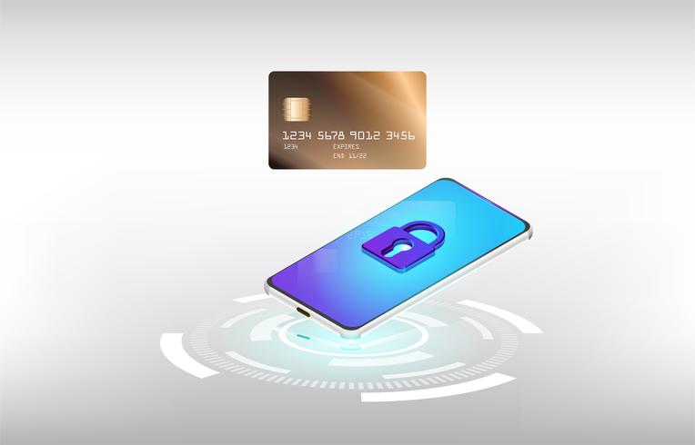 Vecteur d&#39;utilisation de carte de crédit en ligne shopping sur le concept de smartphone sur fond blanc.