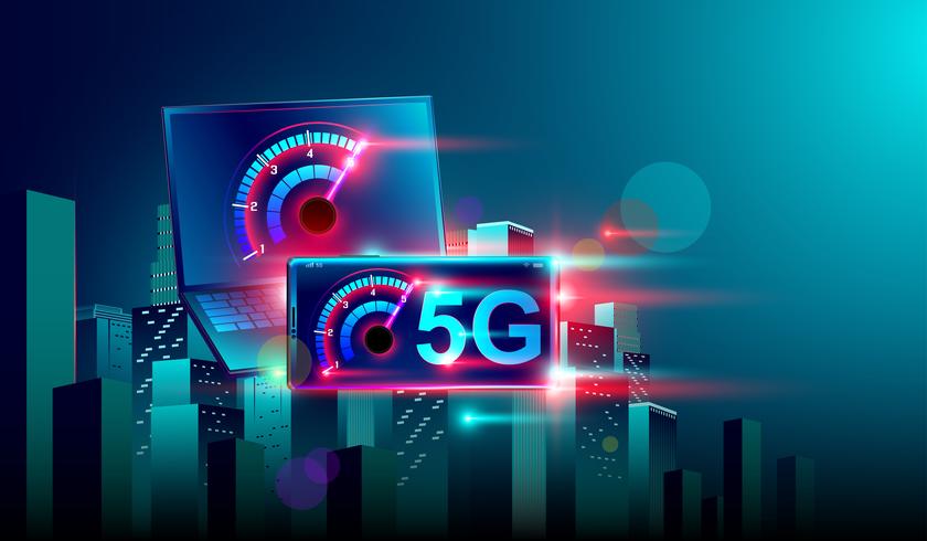 Internet de communication réseau haute vitesse 5G sur voler réaliste 3d ordinateur portable isométrique et smartphone traverser la ville intelligente de nuit Vecteur