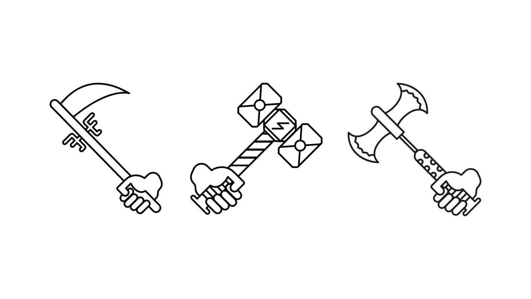hache de guerrier bidirectionnelle dans l'ensemble d'icônes air, bouclier et lame de faucheuse. jeu d'icônes linéaires de collection spéciale de bouclier-épée dans la main. télécharger le vecteur lié à la rencontre de guerre créative. fond blanc.