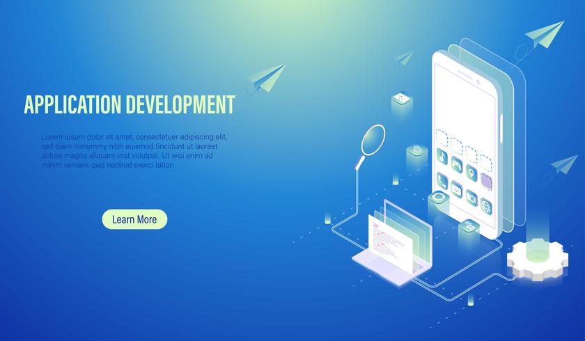 Concept de développement d&#39;applications mobiles et de codage de programmes, construction de logiciels avec ordinateur portable et smartphone, interface utilisateur UX et conception de sites Web sur écran de vecteur. vecteur