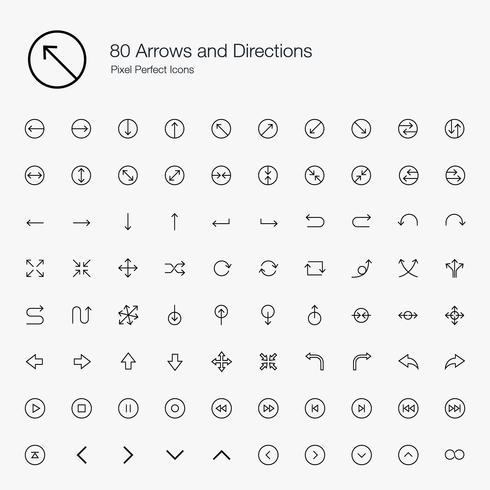 80 Flèches et directions Style de trait Pixel Perfect Icons. vecteur