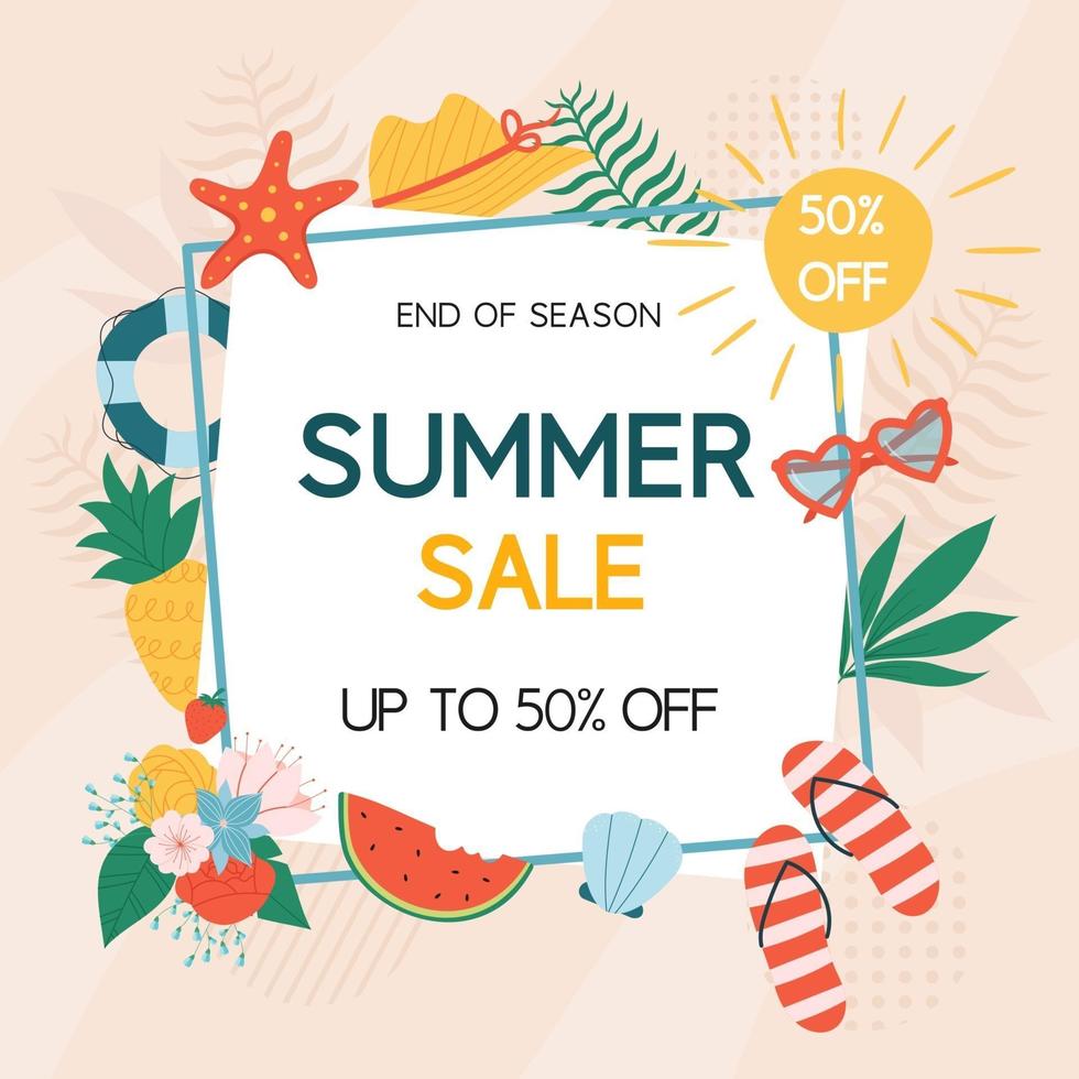 bannière de vente d'été avec des éléments de plage lunettes de soleil, chapeau, ananas, pastèque, bouée de sauvetage de fleurs et palmes vecteur