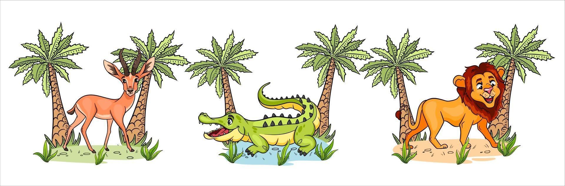 drôles de personnages animaux gazelle, crocodile, lion avec palmiers en style cartoon. vecteur