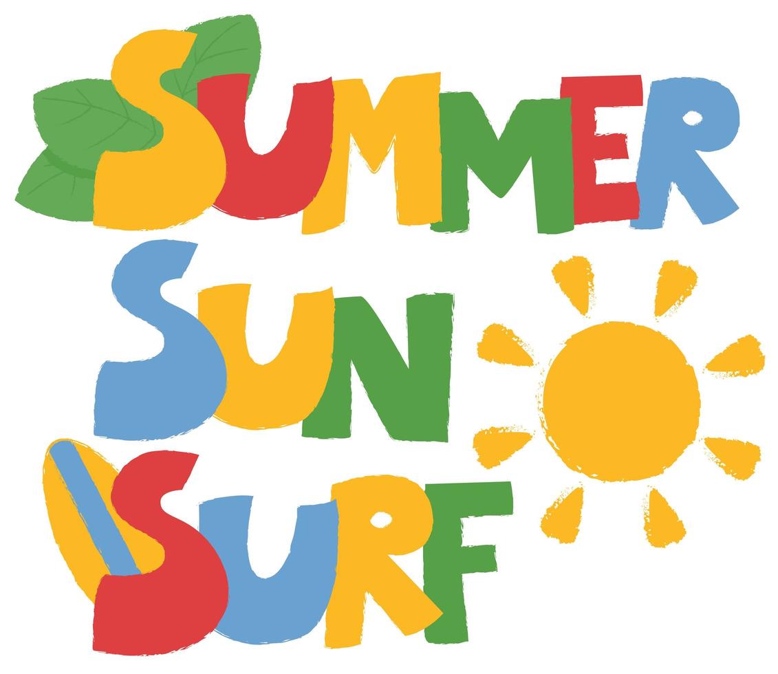 slogan de surf de soleil d'été avec illustration d'icônes mignonnes colorées vecteur