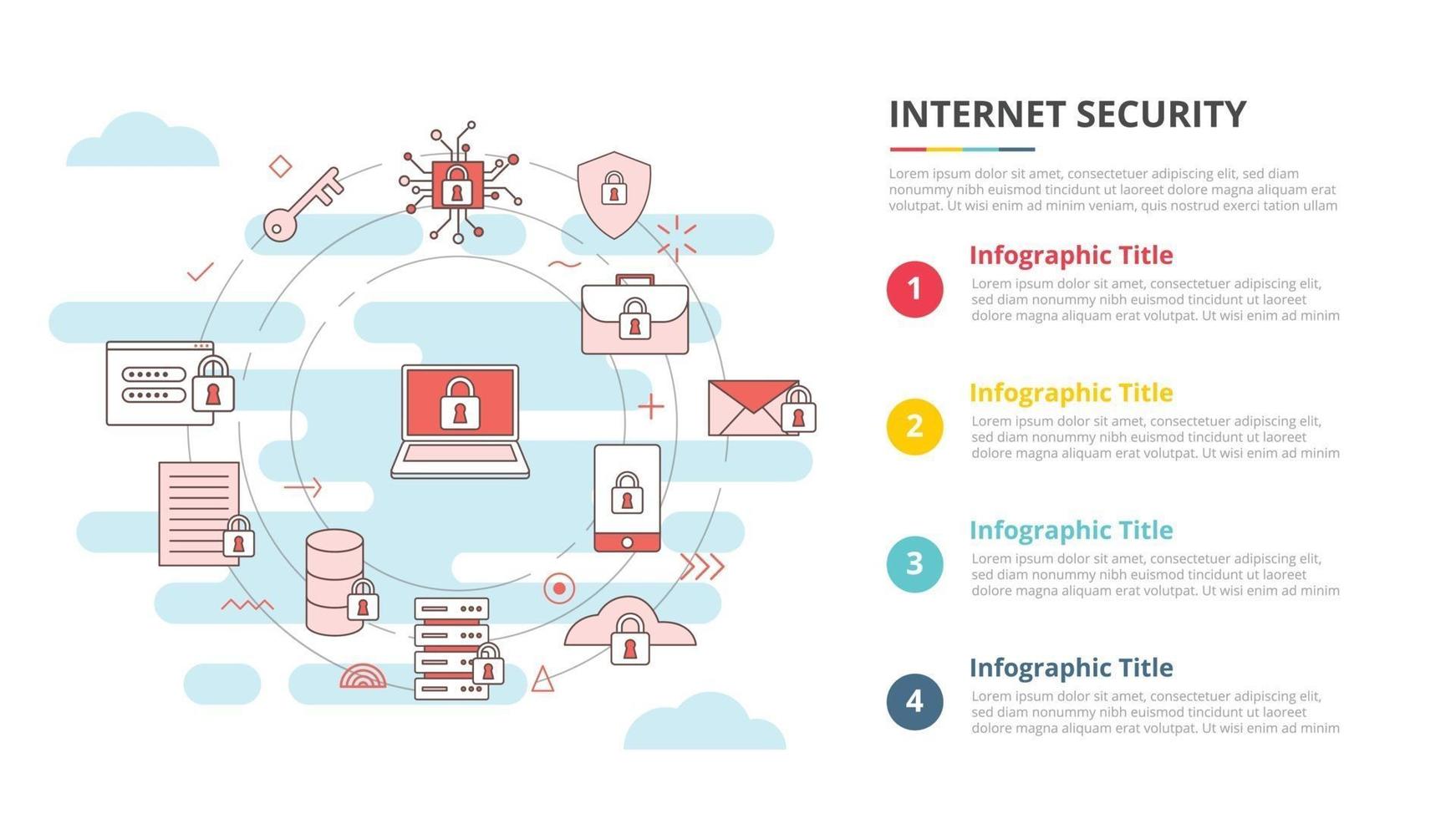 concept de sécurité internet pour la bannière de modèle infographique avec des informations de liste en quatre points vecteur