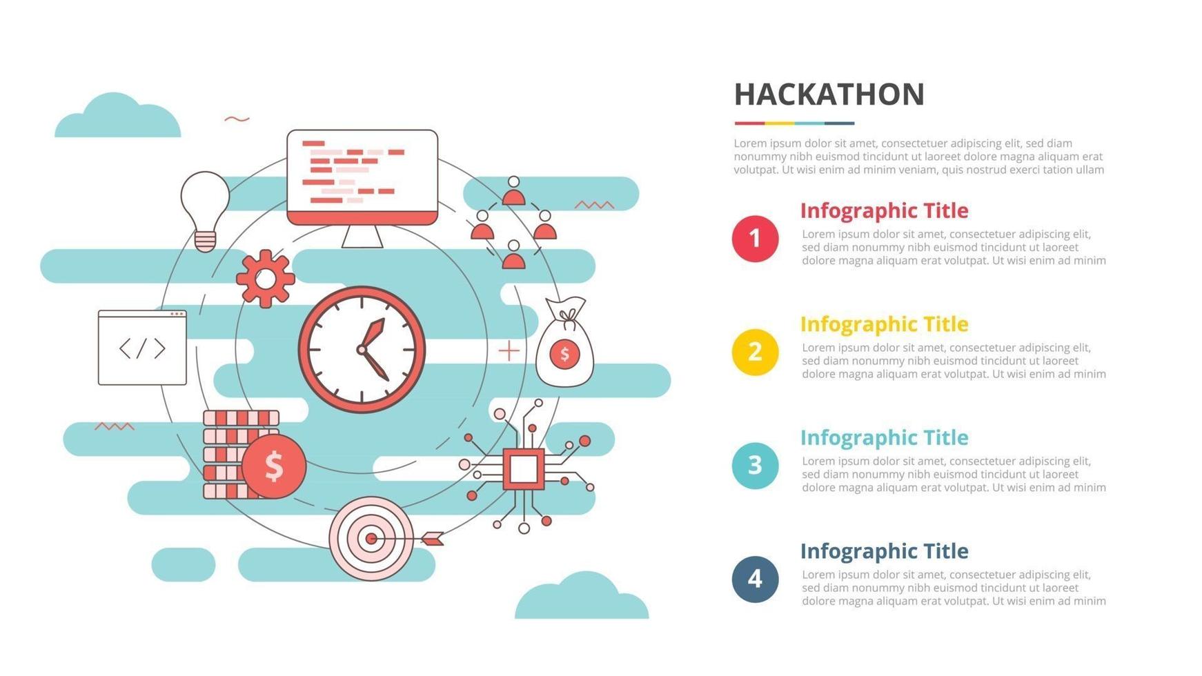 concept de hackathon pour la bannière de modèle d'infographie avec des informations de liste à quatre points vecteur