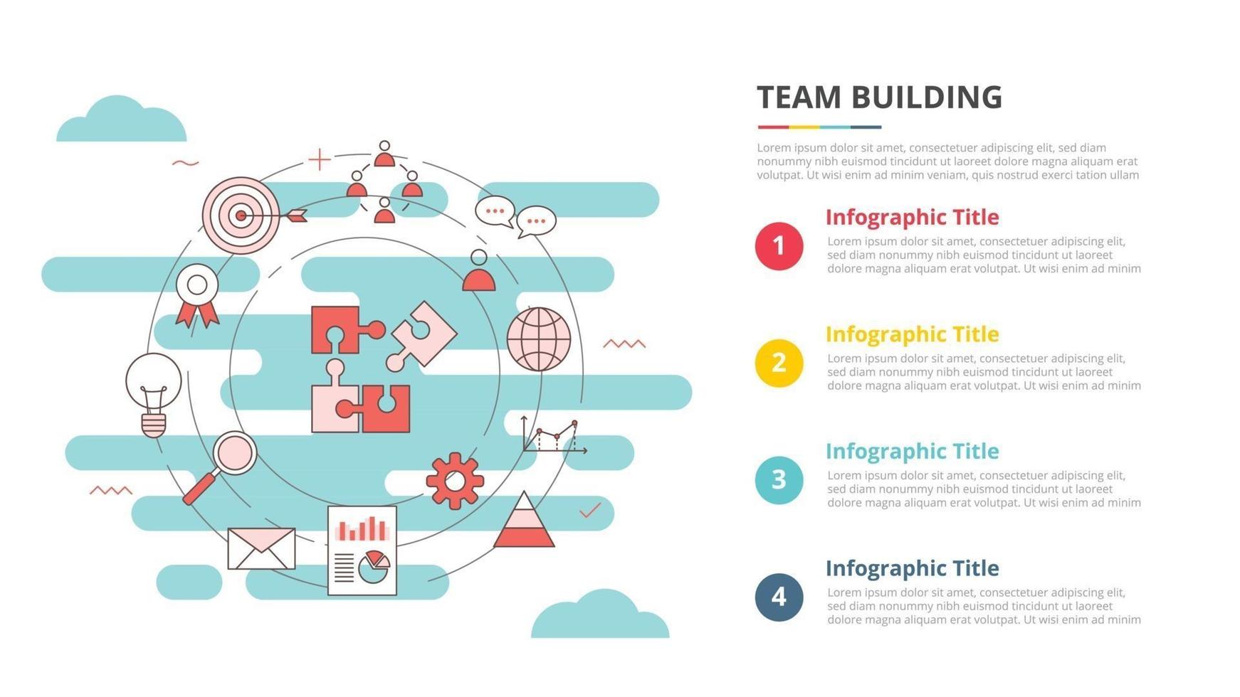 concept de construction d'équipe pour la bannière de modèle infographique avec des informations de liste en quatre points vecteur