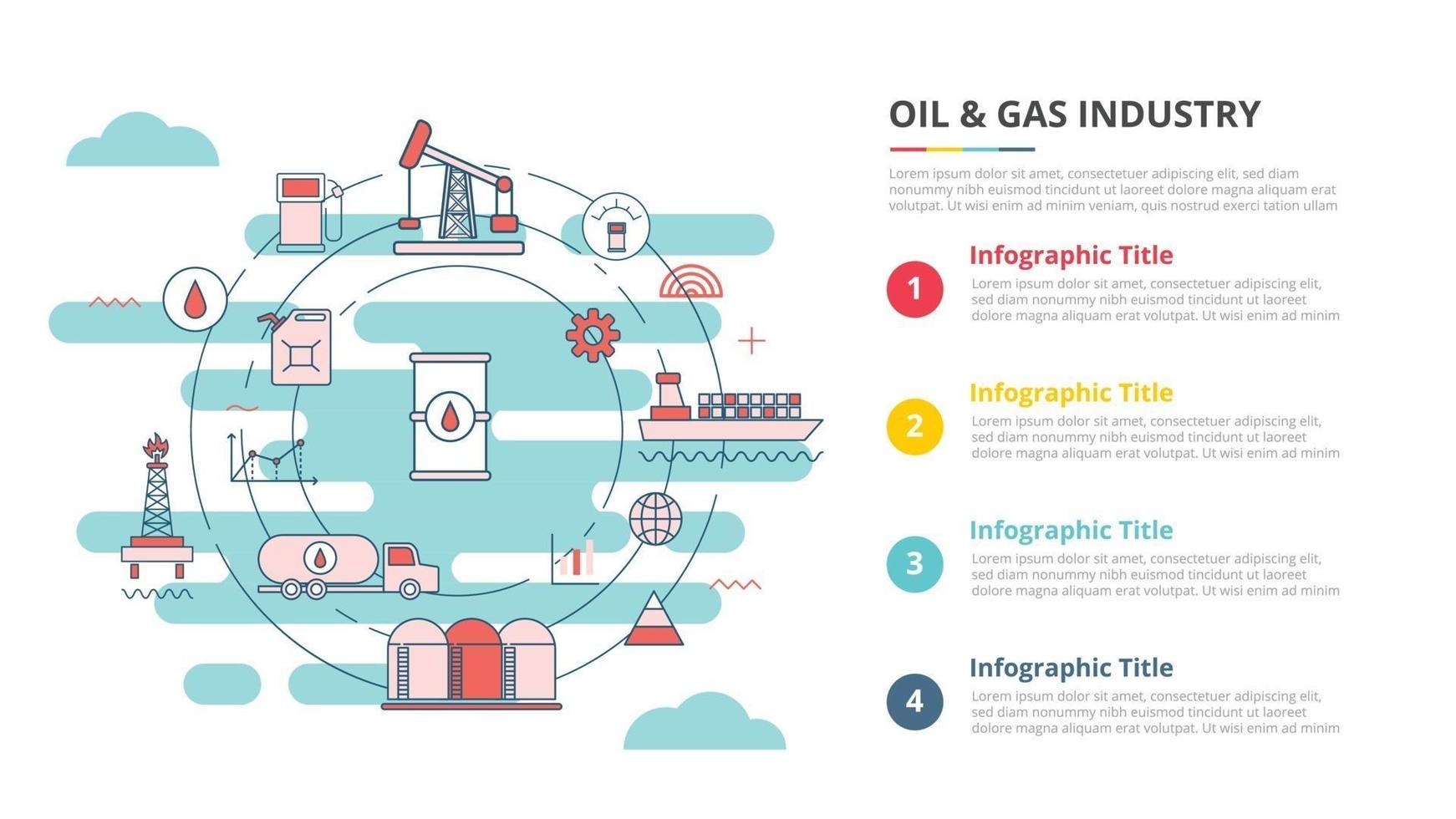 concept de l'industrie pétrolière et gazière pour la bannière de modèle infographique avec des informations de liste en quatre points vecteur